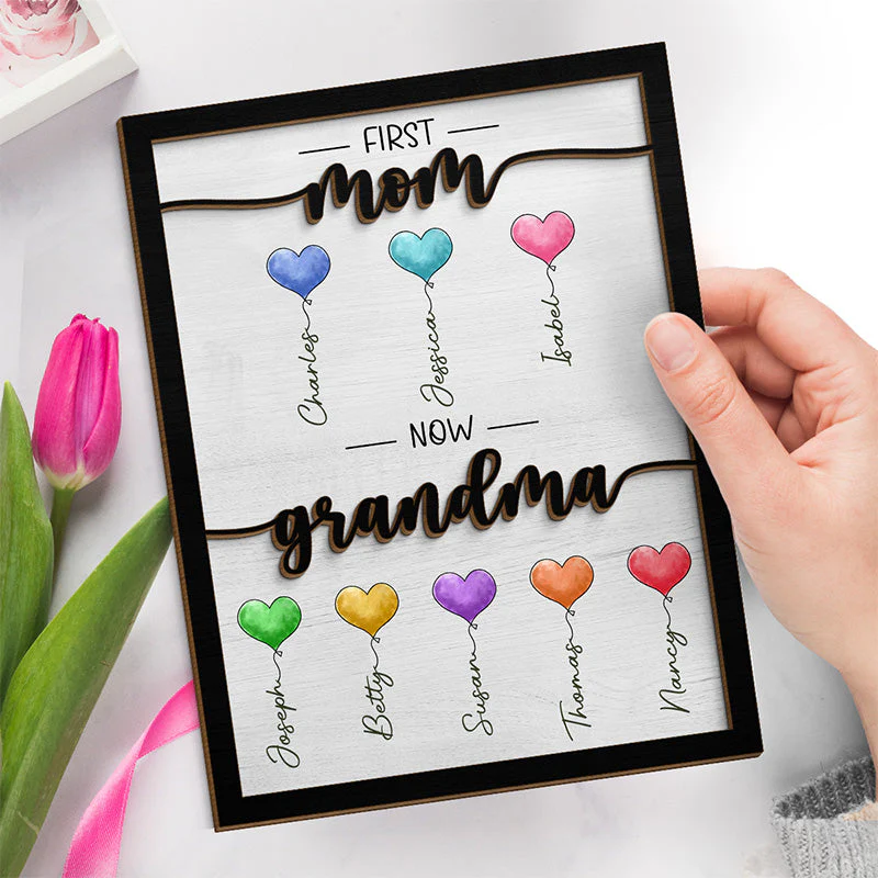 Mommy Grandma Lovely Balloons - Family Personalized Custom 2-Layered Wooden Plaque With Stand - House Warming Gift For Mom, Grandma - Image 2