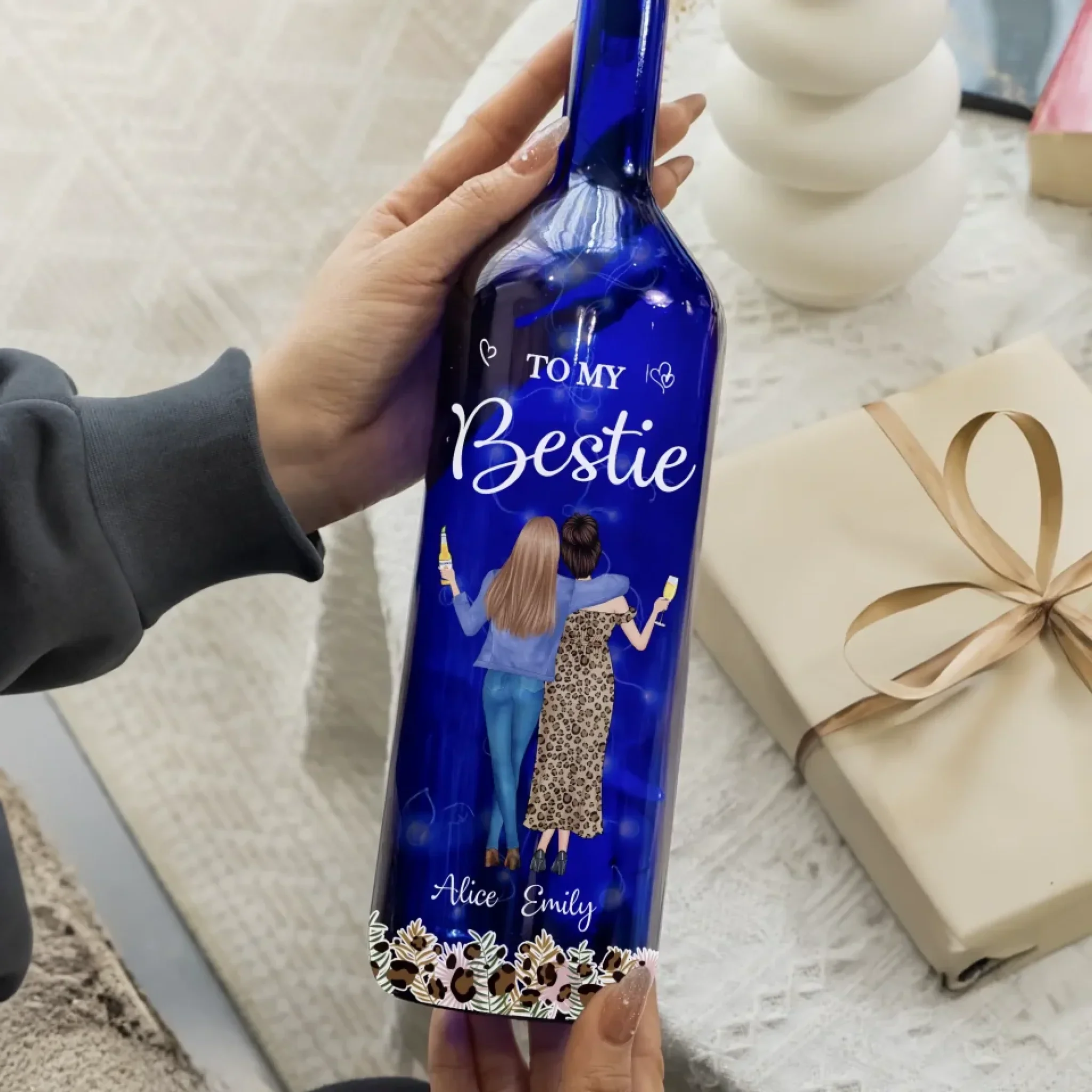 More Than Friends, We’re Family - Bestie Personalized Custom Blue Bottle Lamp - Gift For Best Friends, BFF, Sisters - Image 3