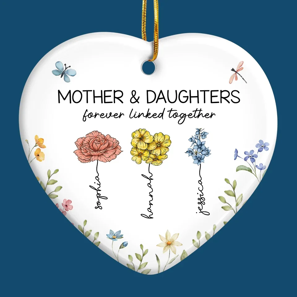 Mother & Daughters Forever Linked Together - Family Personalized Custom Ornament - Ceramic Heart Shaped - Christmas Gift For Mom, Daughter - Image 4