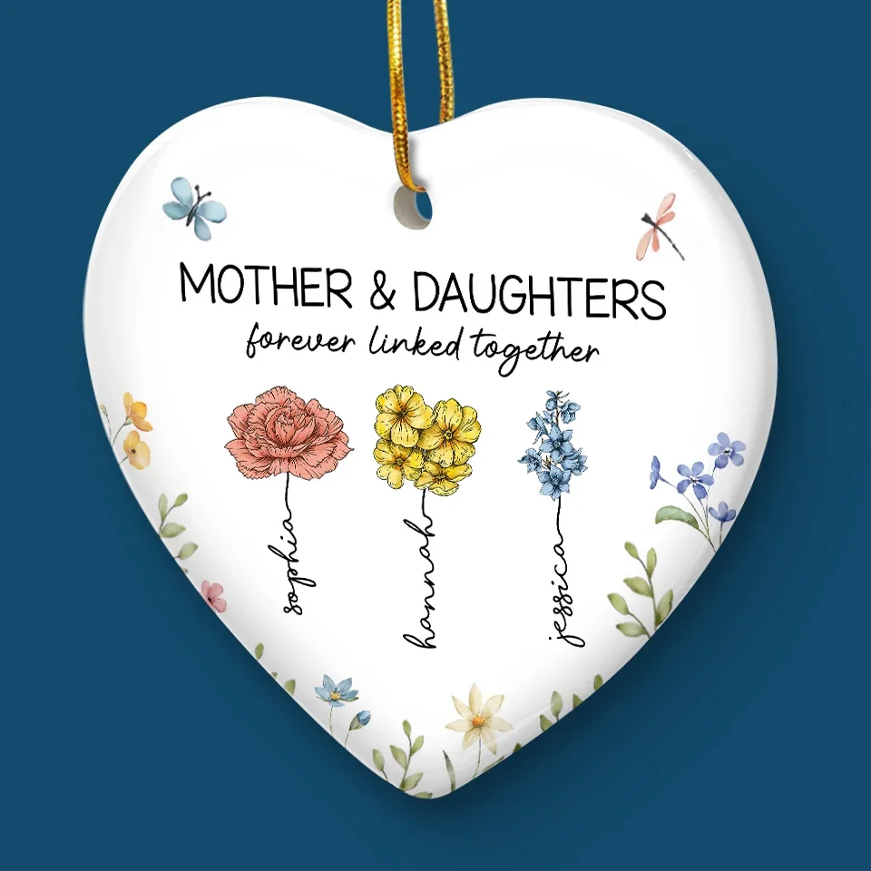 Mother & Daughters Forever Linked Together - Family Personalized Custom Ornament - Ceramic Heart Shaped - Christmas Gift For Mom, Daughter - Image 5
