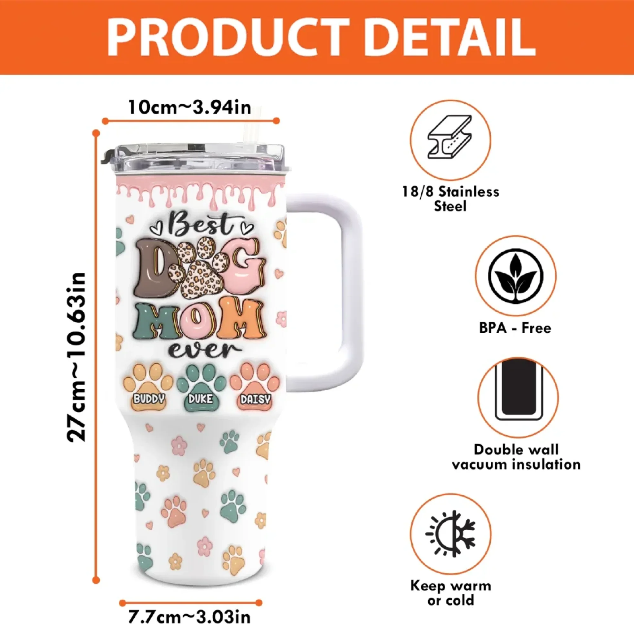 My Kids Have Paws - Dog Personalized Custom 3D Inflated Effect Printed 40 Oz Stainless Steel Tumbler With Handle - Gift For Pet Owners, Pet Lovers - Image 4