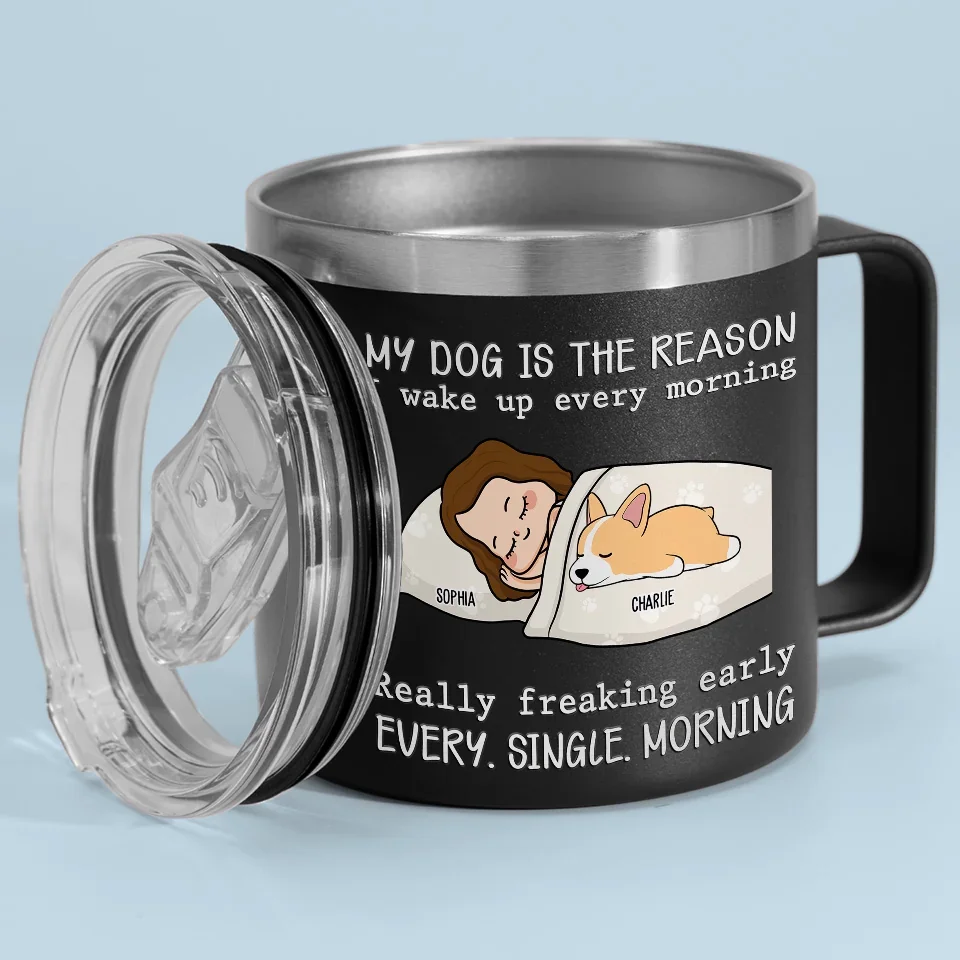 My Pets Are The Reason I Wake Up Every Morning - Dog & Cat Personalized Custom 14oz Stainless Steel Tumbler With Handle - Christmas Gift For Pet Owners, Pet Lovers - Image 3