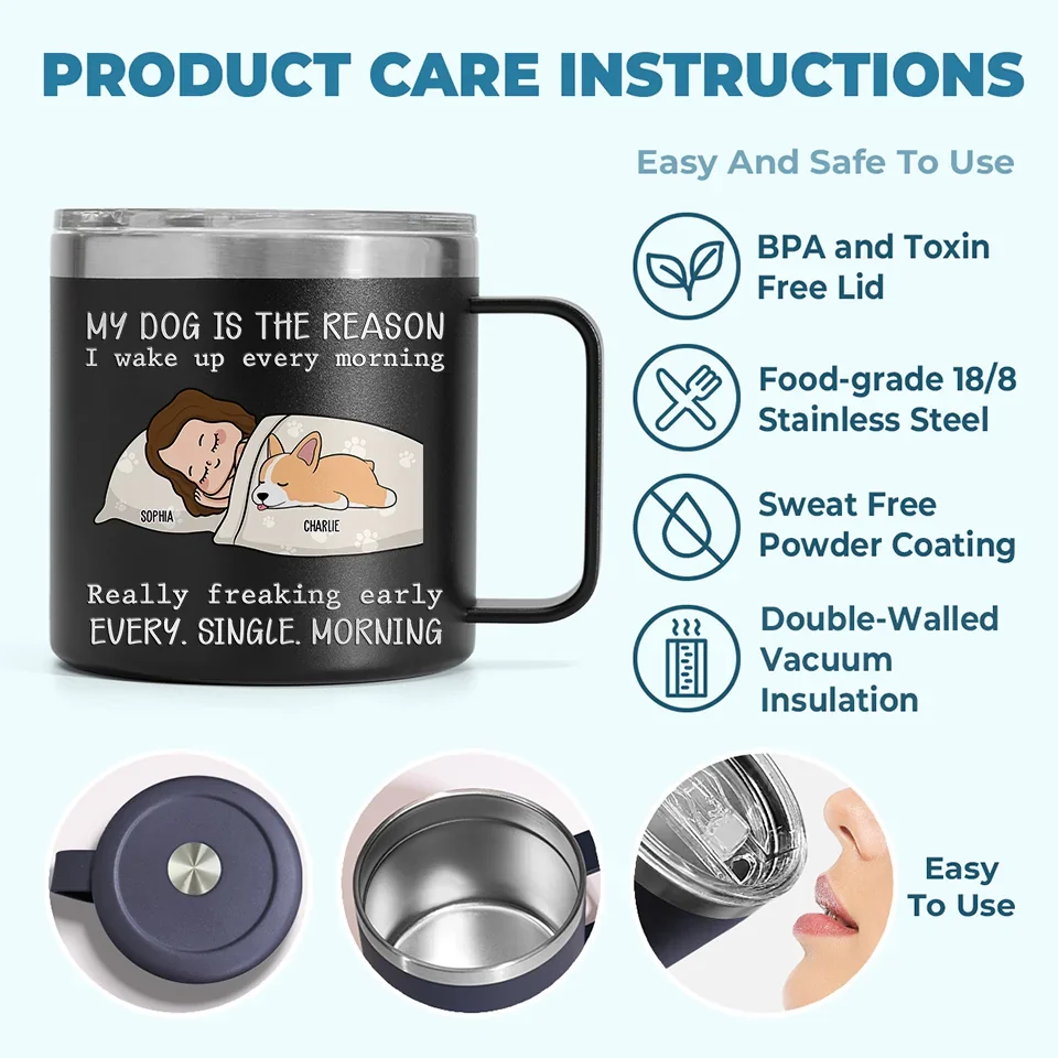 My Pets Are The Reason I Wake Up Every Morning - Dog & Cat Personalized Custom 14oz Stainless Steel Tumbler With Handle - Christmas Gift For Pet Owners, Pet Lovers - Image 6