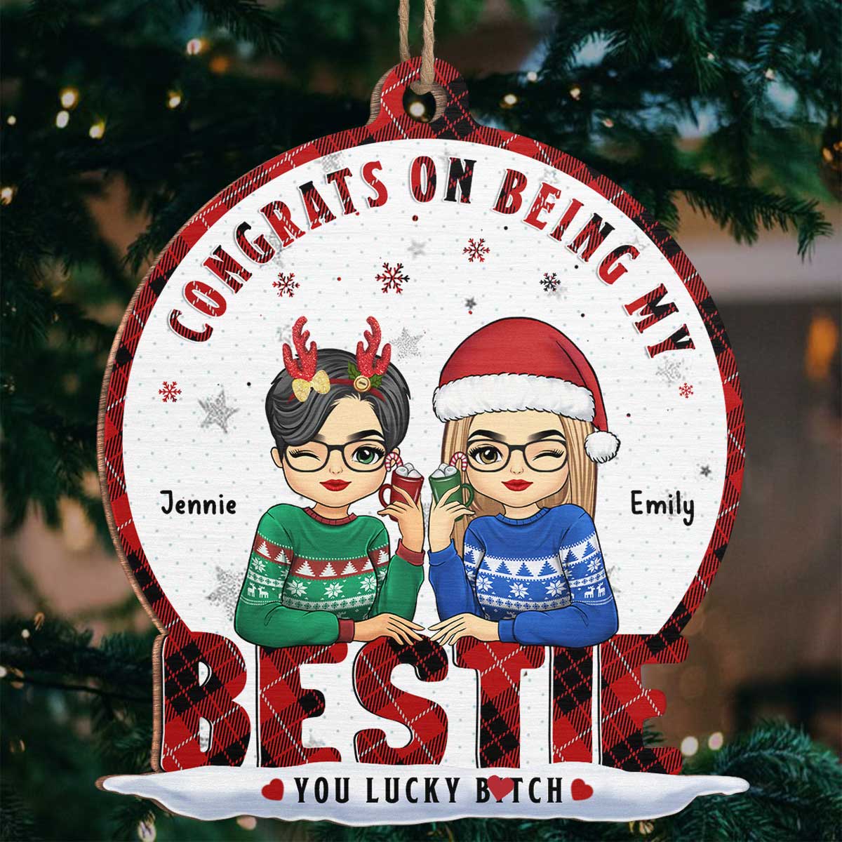 No Greater Gift Than Friendship - Bestie Personalized Custom Ornament - Wood Snow Globe Shaped - Christmas Gift For Best Friends, BFF, Sisters