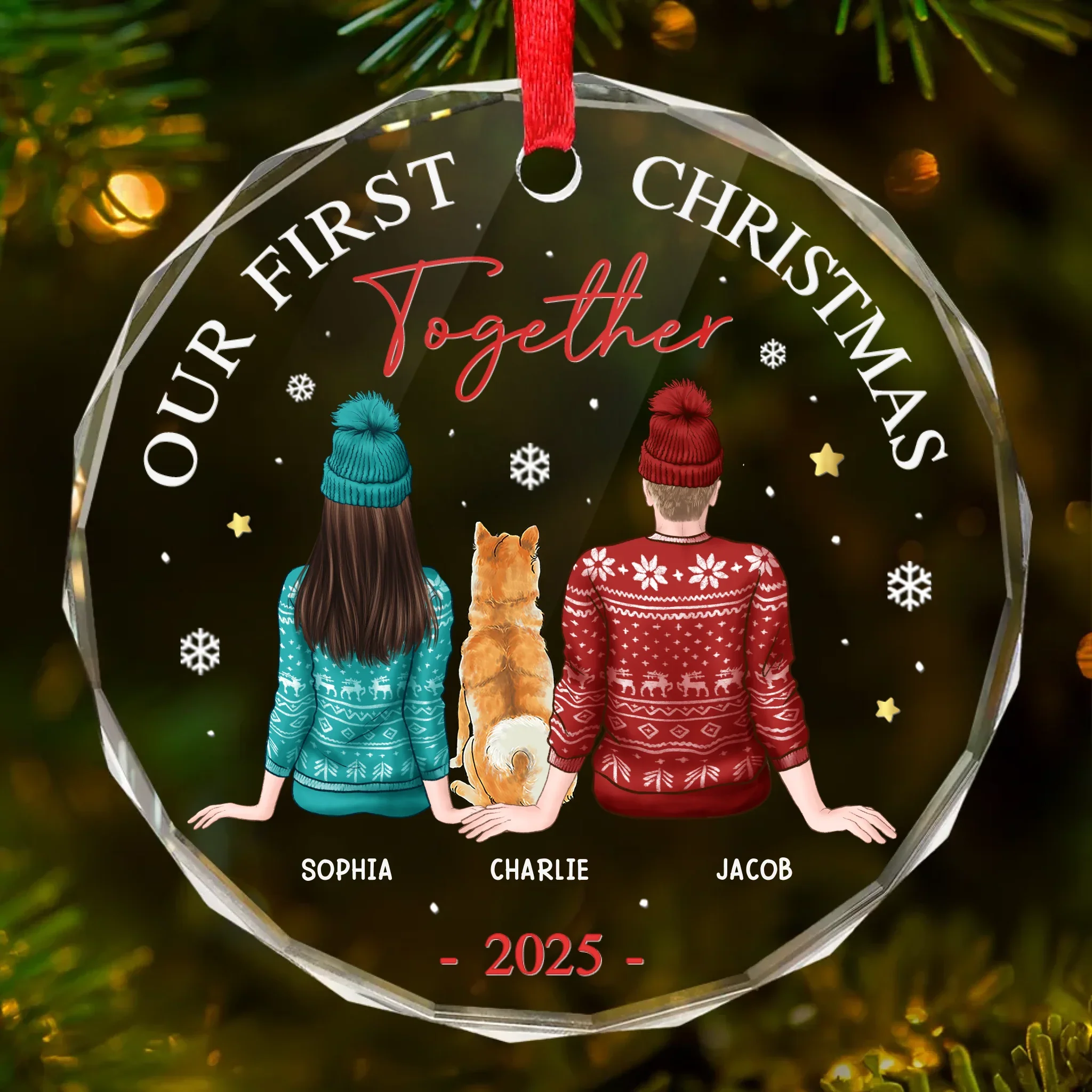 Our First Christmas Together With Our Pet - Dog & Cat Personalized Custom Circle Glass Ornament - Christmas Gift For Husband Wife, Anniversary, First Christmas, Pet Owners, Pet Lovers - Image 2