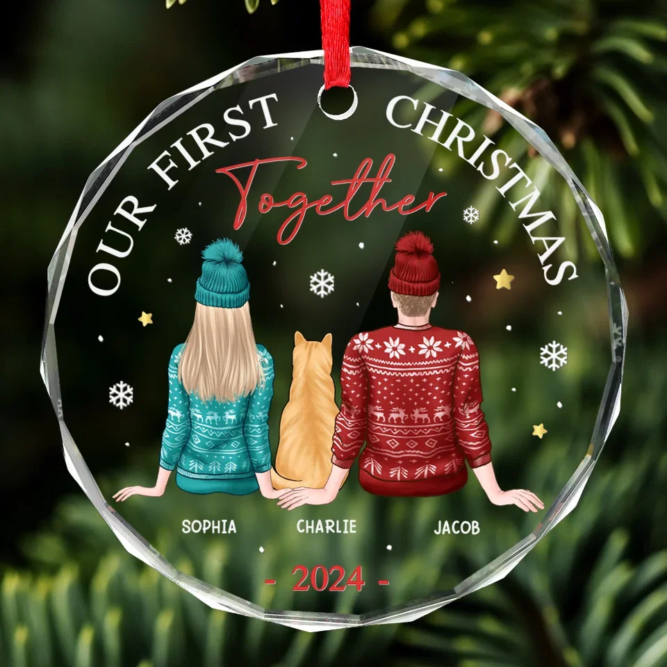 Our First Christmas Together With Our Pet - Dog & Cat Personalized Custom Circle Glass Ornament - Christmas Gift For Husband Wife, Anniversary, First Christmas, Pet Owners, Pet Lovers - Image 3