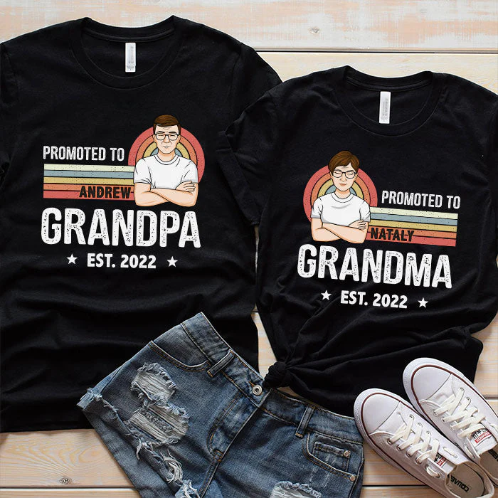 Promoted To Grandparents - Personalized Matching Couple T-Shirt - Gift For Couple, Husband Wife, Grandparents - Image 3
