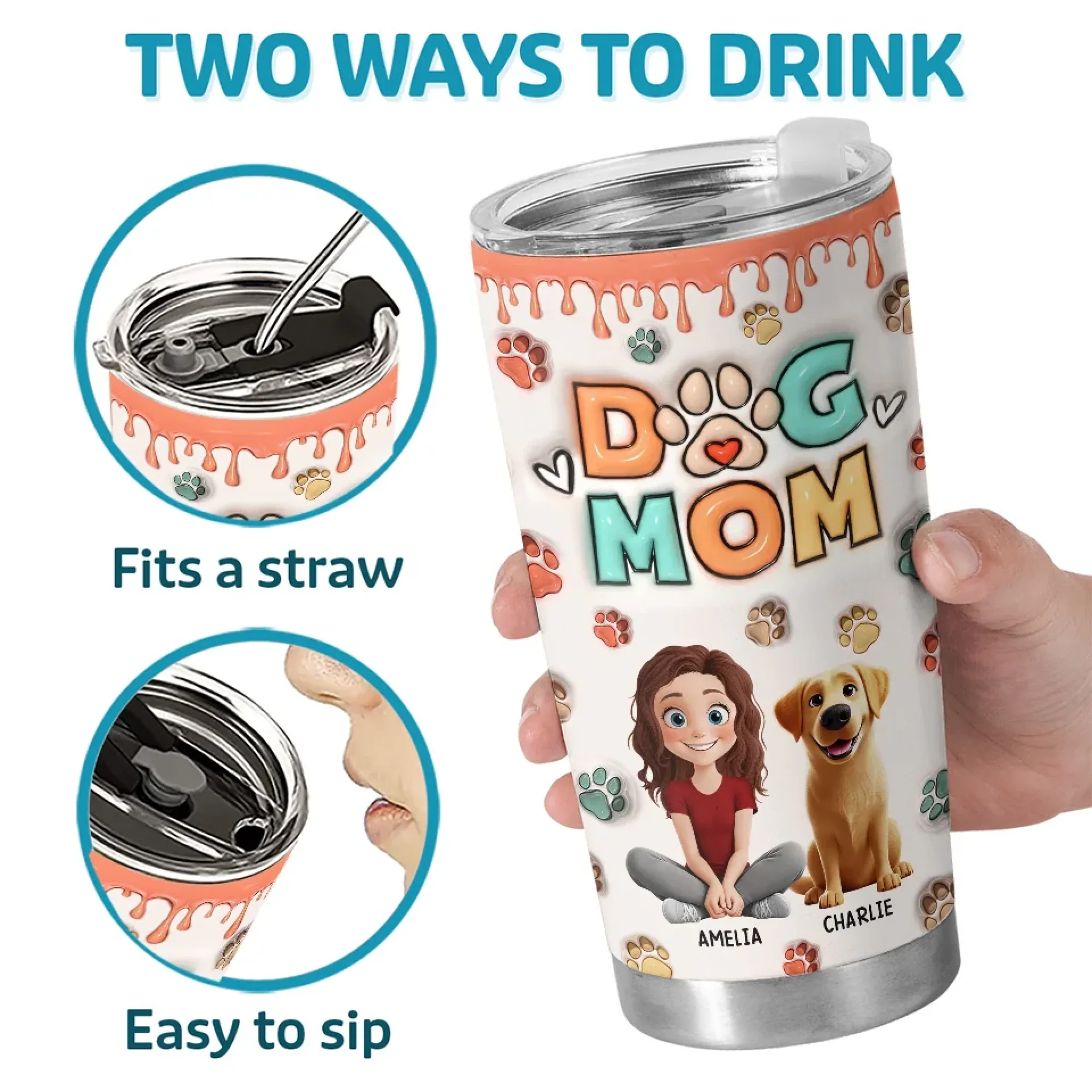 Proud Fur Mom, Love Eternal - Dog & Cat Personalized Custom 3D Inflated Effect Printed Tumbler - Gift For Pet Owners, Pet Lovers - Image 4