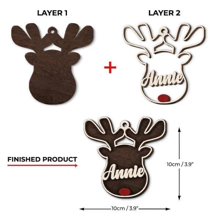 Reindeer Christmas - Personalized Custom Reindeer Face Shaped 2 Layered Wood Christmas Ornament - Christmas Gift - Image 4