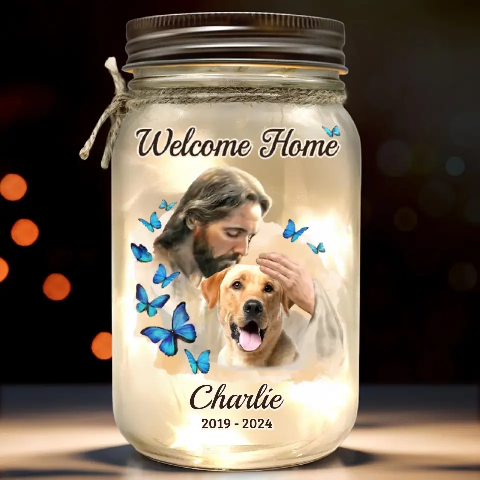 Safe In The Arms Of God - Memorial Personalized Custom Mason Jar Light - Sympathy Gift For Family Members, Pet Owners, Pet Lovers - Image 2