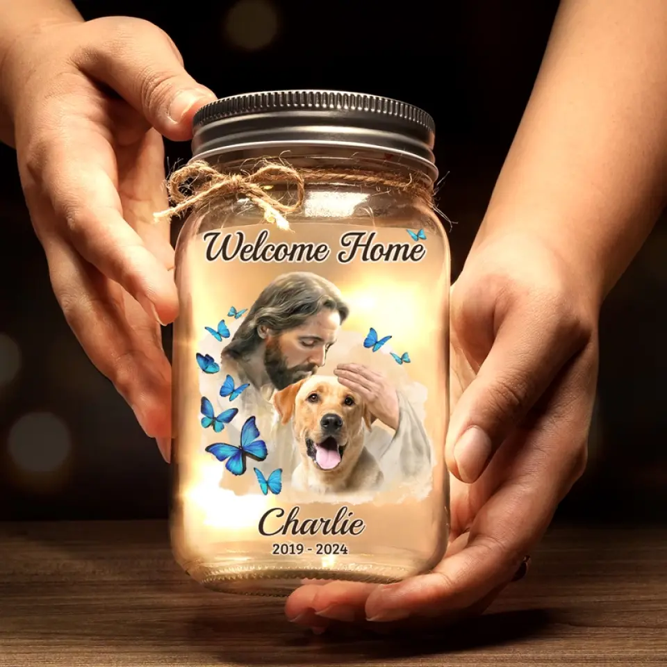 Safe In The Arms Of God - Memorial Personalized Custom Mason Jar Light - Sympathy Gift For Family Members, Pet Owners, Pet Lovers - Image 4