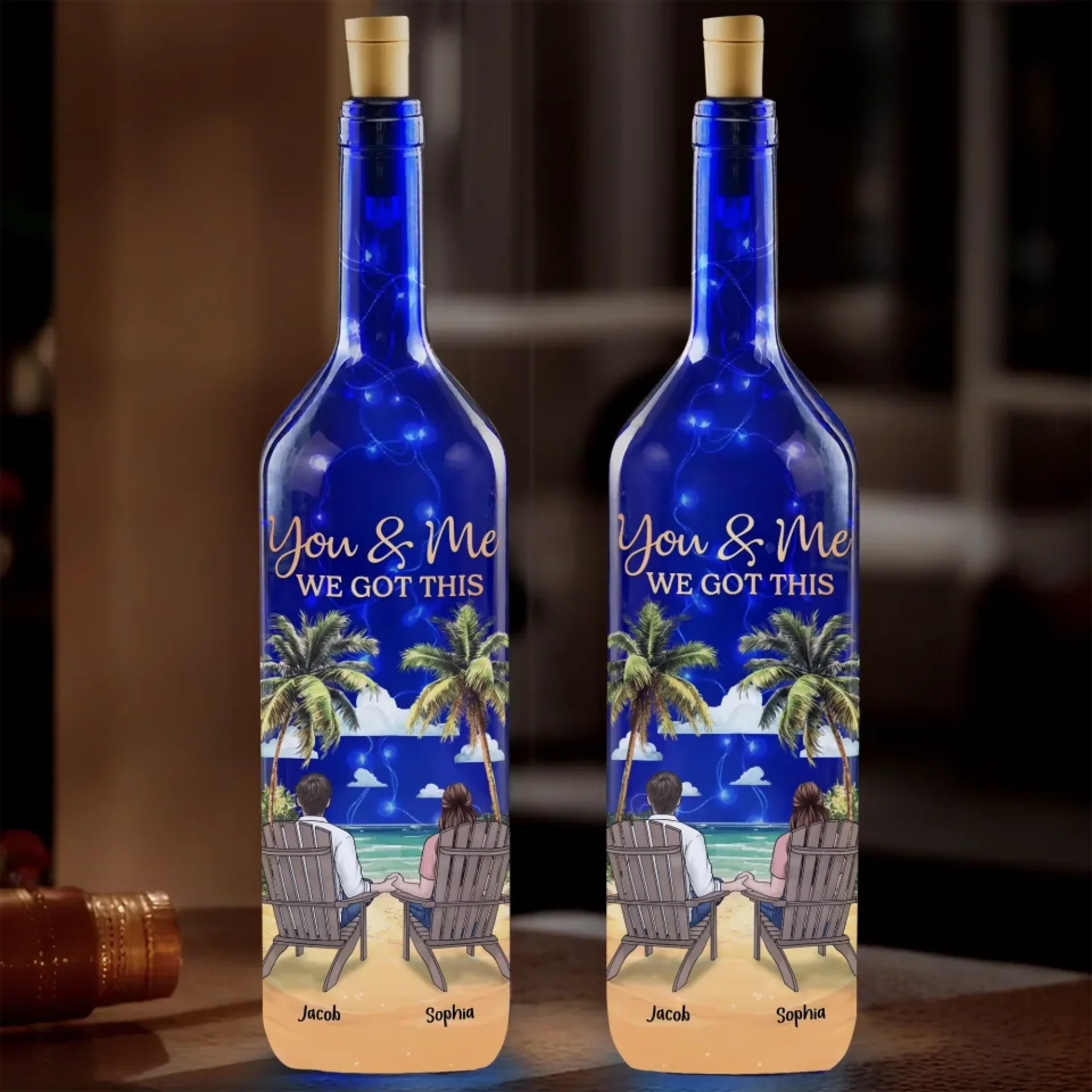 Side By Side, Through Every Storm - Couple Personalized Custom Blue Bottle Lamp - Gift For Husband Wife, Anniversary