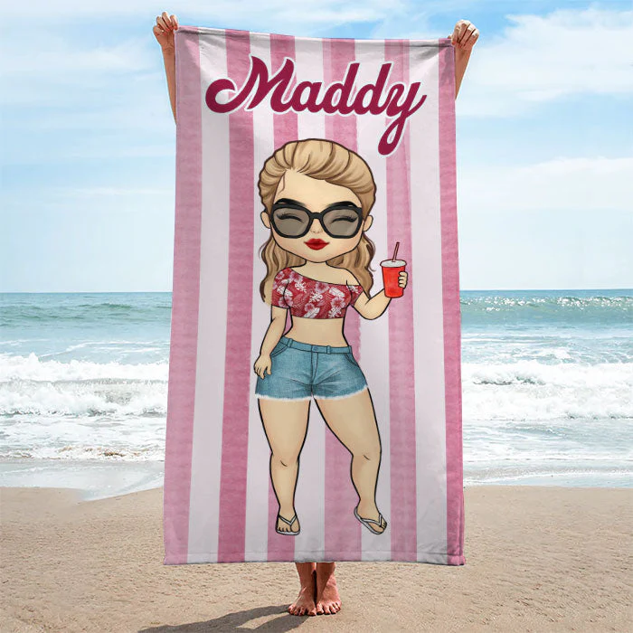 Stripe Pattern Chibi Summer Vacation - Personalized Beach Towel - Gift For Bestie - Image 2