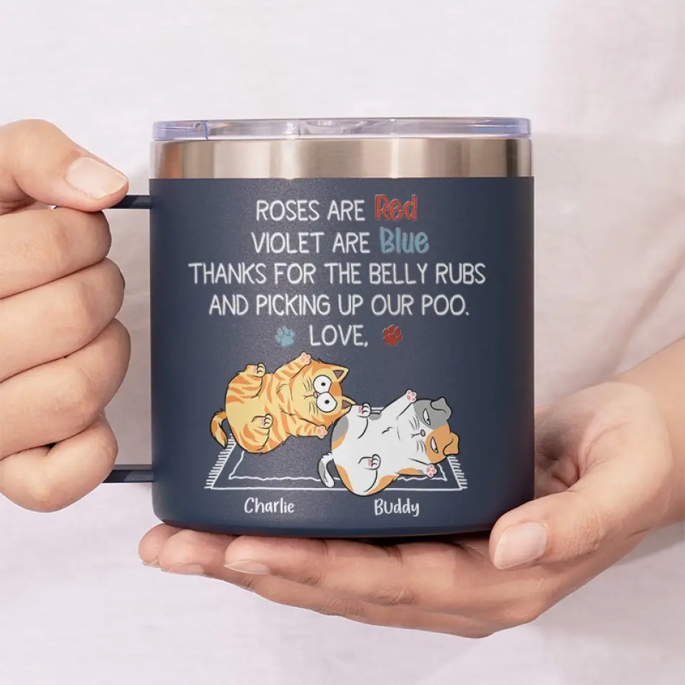 Thanks For The Belly Rubs And Scooping Up My Poo - Cat Personalized Custom 14oz Stainless Steel Tumbler With Handle - Gift For Pet Owners, Pet Lovers - Image 6
