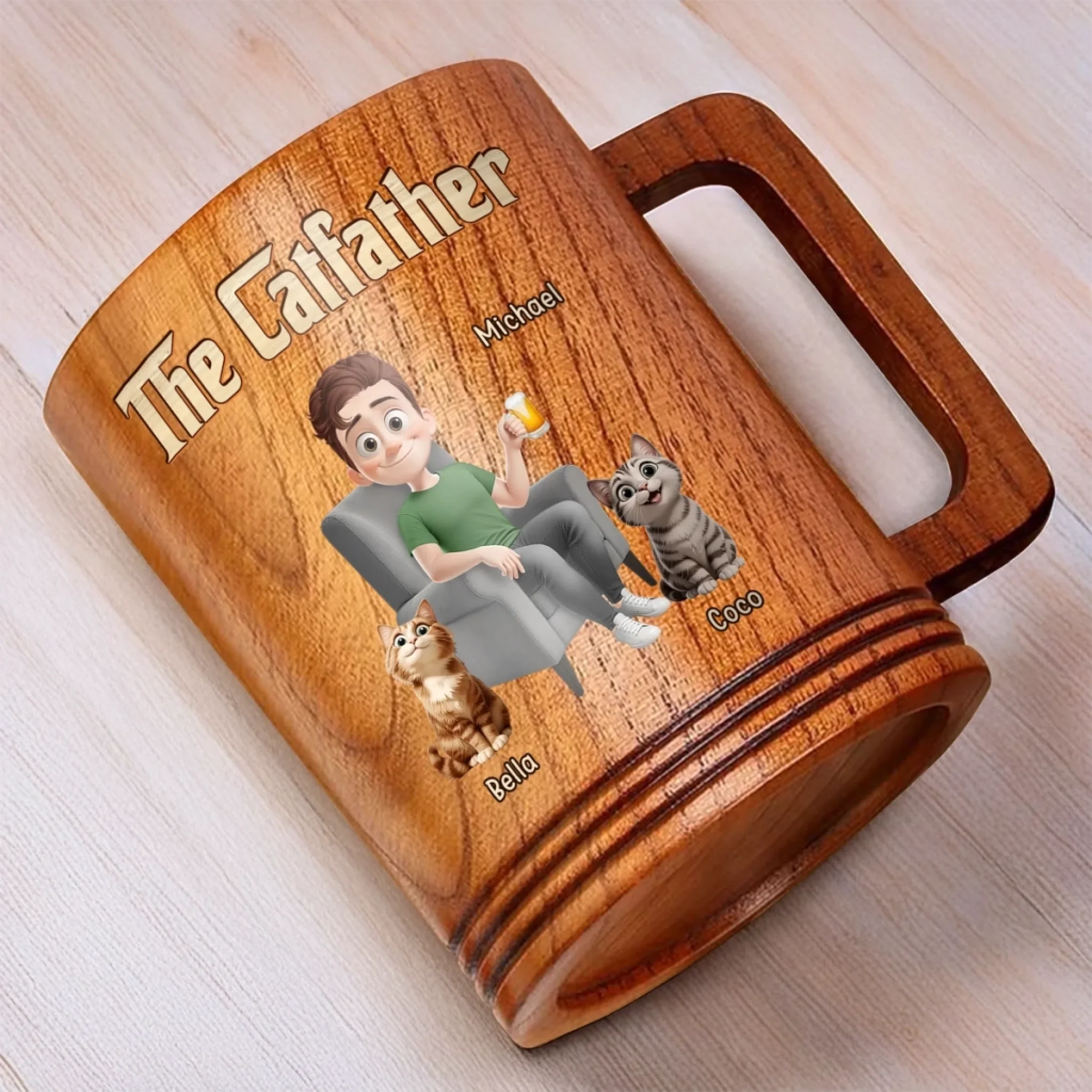 The Catfather, Chosen By My Cat - Cat Personalized Custom Wooden Mug - Father's Day,  Gift For Dad, Pet Owners, Pet Lovers - Image 4