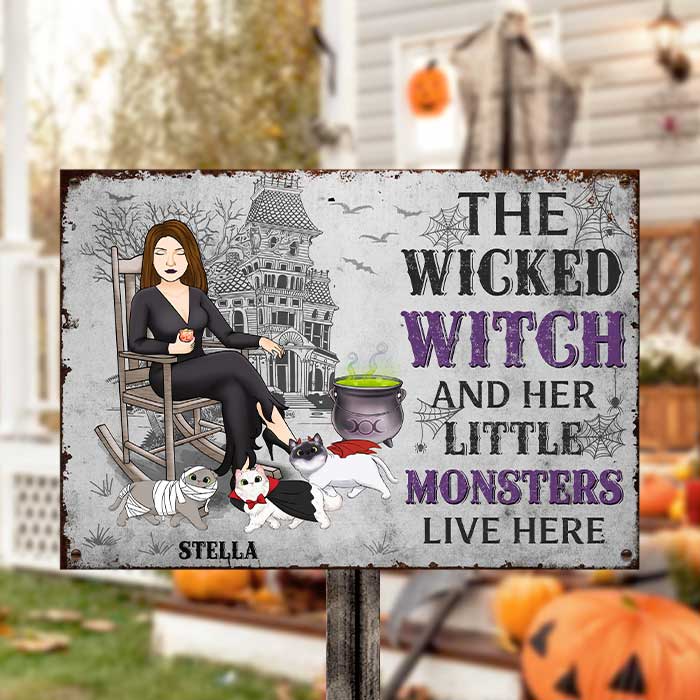 The Wicked Witch & Her Lil Monsters - Personalized Metal Sign - Gift For Pet Lovers, Halloween Gift - Image 2