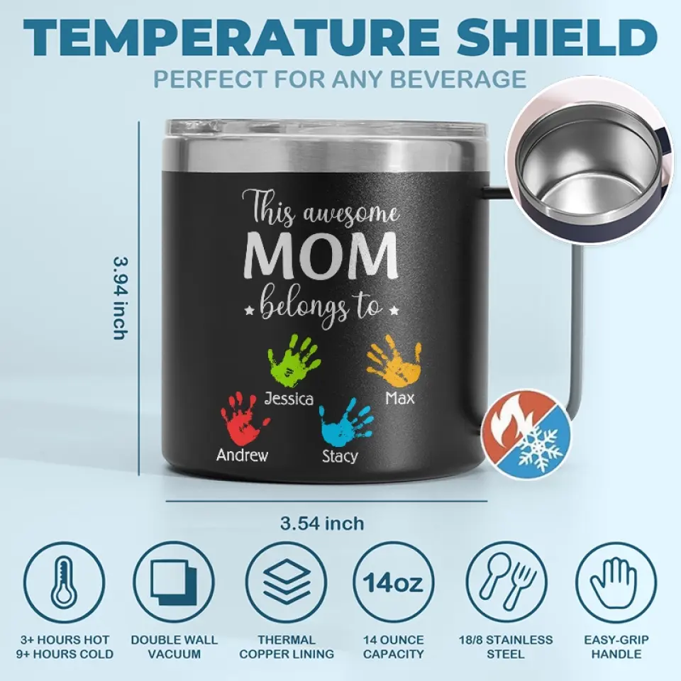 These Hands Hold Your Heart Forever - Family Personalized Custom 14oz Stainless Steel Tumbler With Handle - Gift For Mom, Grandma - Image 4