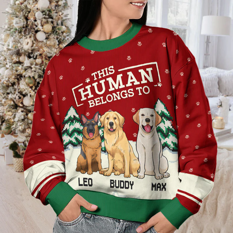 This Human Belongs To Me - Dog Personalized Custom Ugly Sweatshirt - Unisex Wool Jumper - Christmas Gift For Pet Owners, Pet Lovers - Image 3