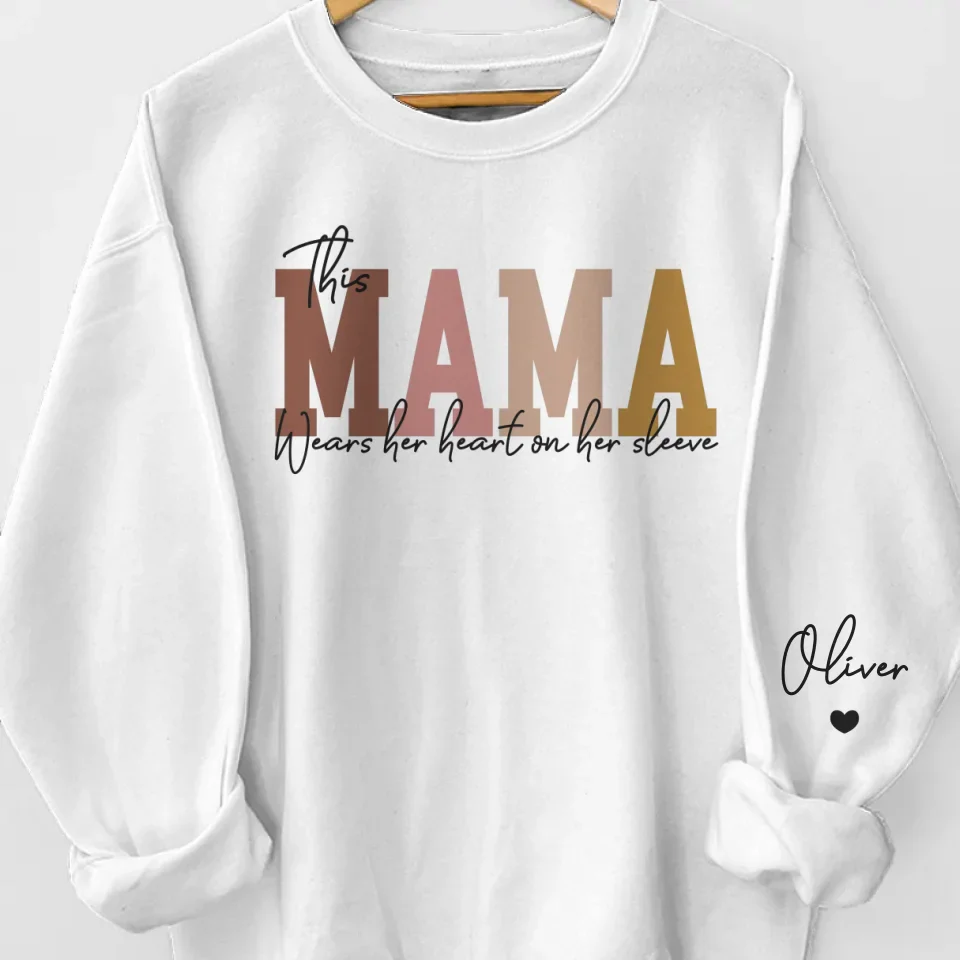 This Mama Wears Her Heart On Her Sleeve - Family Personalized Custom Unisex Sweatshirt, Hoodie With Design On Sleeve - Christmas Gift For Mom, Grandma - Image 2