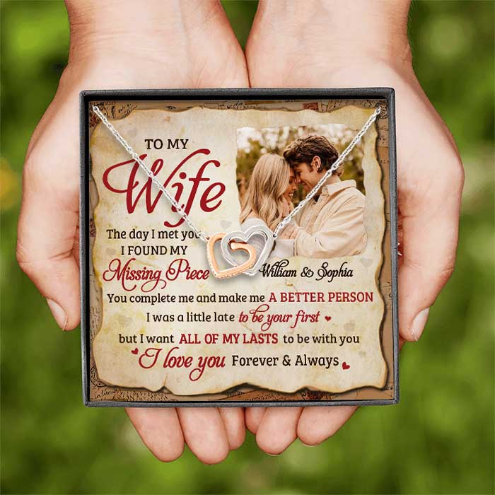 To My Wife, You're My Missing Piece - Upload Image, Gift For Couples - Personalized Interlocking Hearts Necklace - Image 3