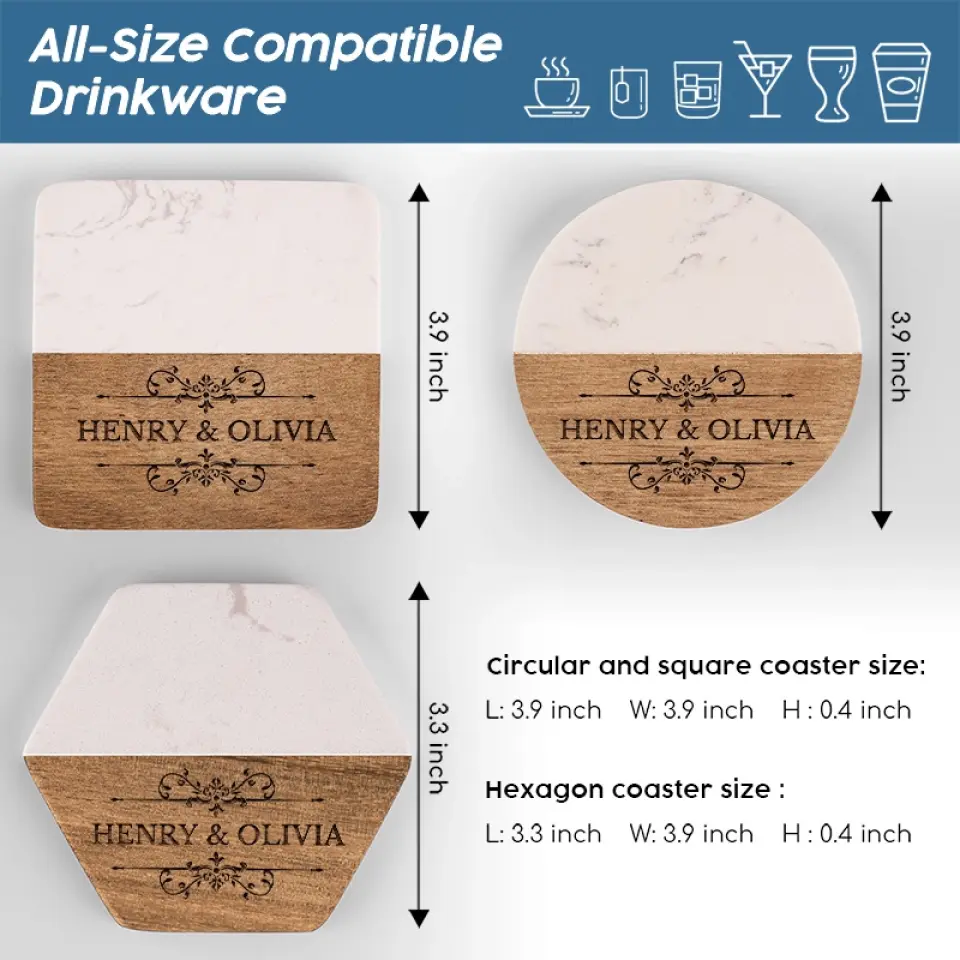 Together Is A Wonderful Place To Be - Couple Personalized Custom Marble Wood Coaster - Gift For Husband Wife, Anniversary - Image 7