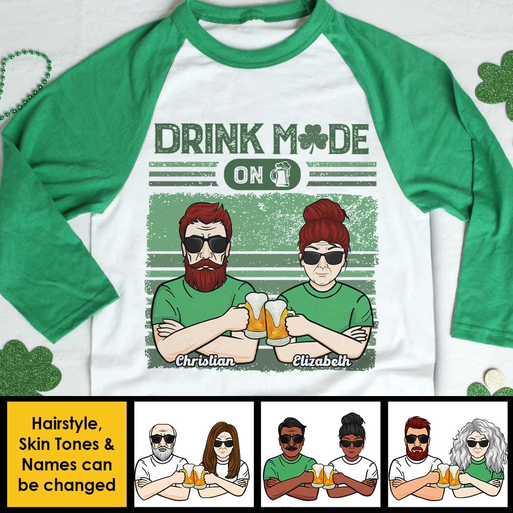 Turning On The Drinking Mode - Gift For Couples, Husband Wife, Personalized St. Patrick's Day Unisex Raglan Shirt - Image 4