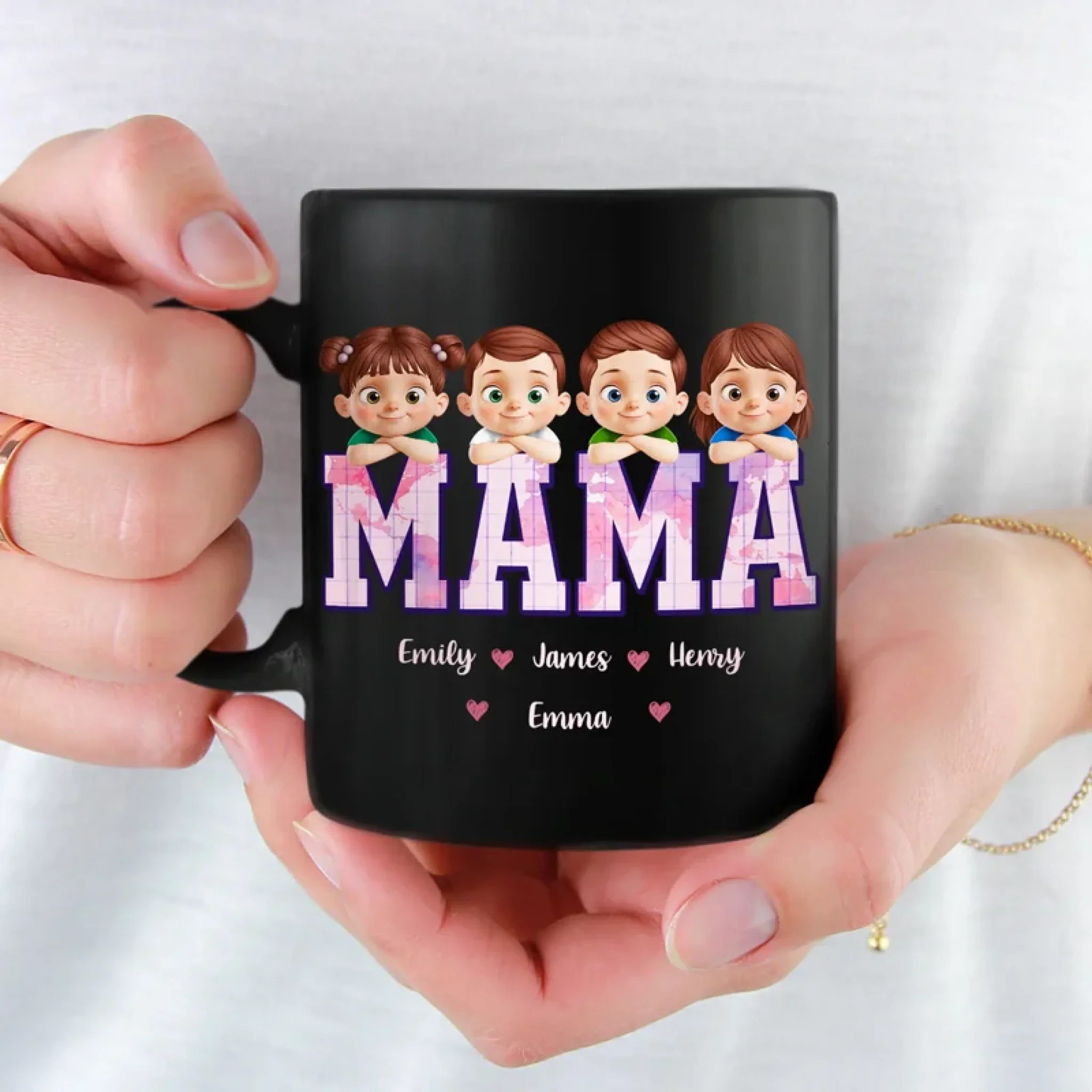 Wake Up To My World - Family Personalized Custom Black Mug - Mother's Day, Gift For Mom, Grandma - Image 3