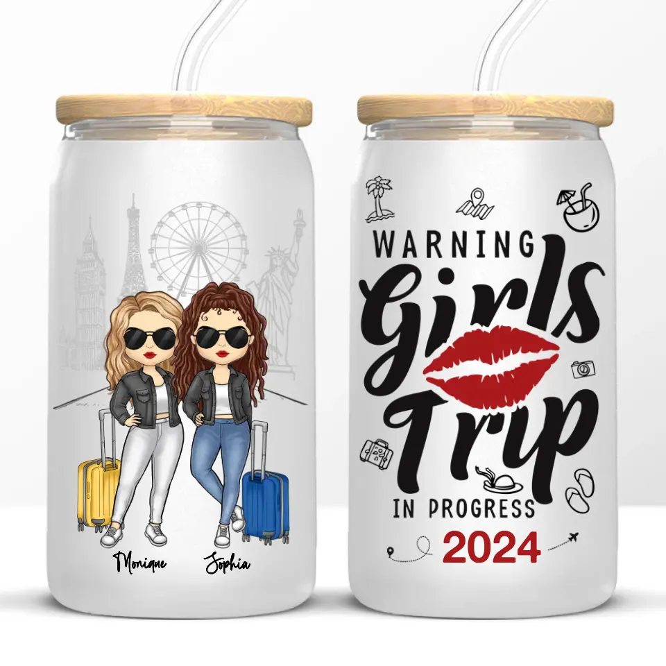 Warning! Girls Trip In Progress - Bestie Personalized Custom Glass Cup, Iced Coffee Cup - Summer Vacation Gift For Best Friends, BFF, Sisters - Image 6