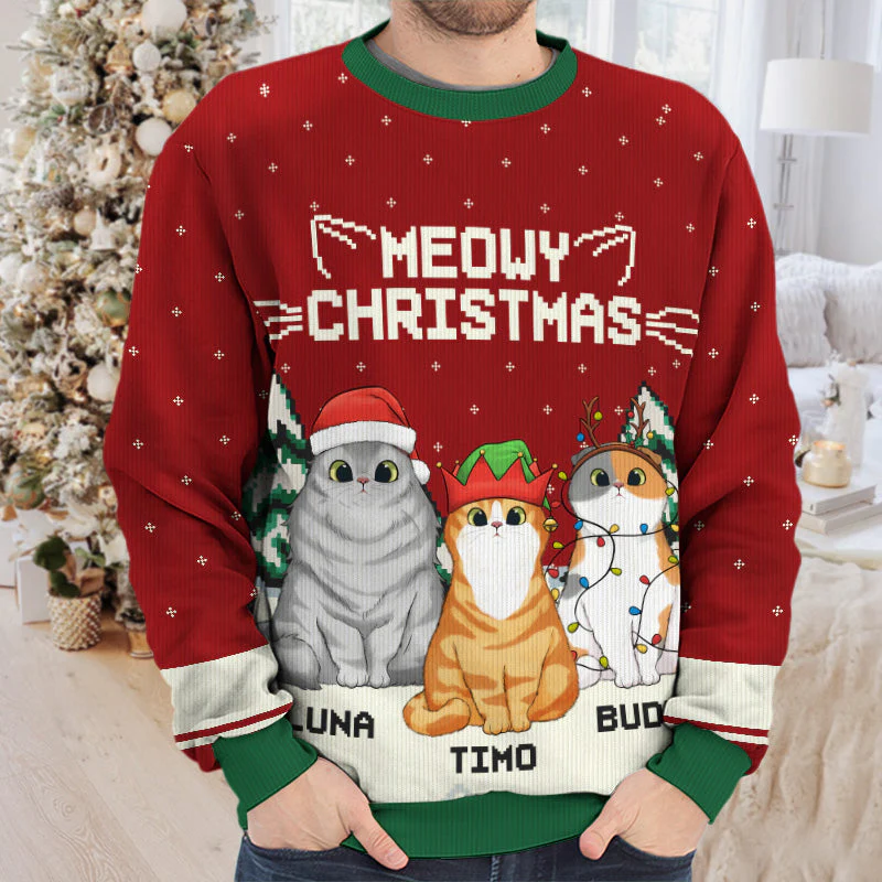 Wish You A Meowy Christmas - Cat Personalized Custom Ugly Sweatshirt - Unisex Wool Jumper - Christmas Gift For Pet Owners, Pet Lovers - Image 3