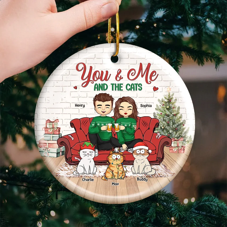 You And Me And The Fur Babies - Dog & Cat Personalized Custom Ornament - Ceramic Round Shaped - Christmas Gift For Husband Wife, Anniversary, Pet Owners, Pet Lovers - Image 3