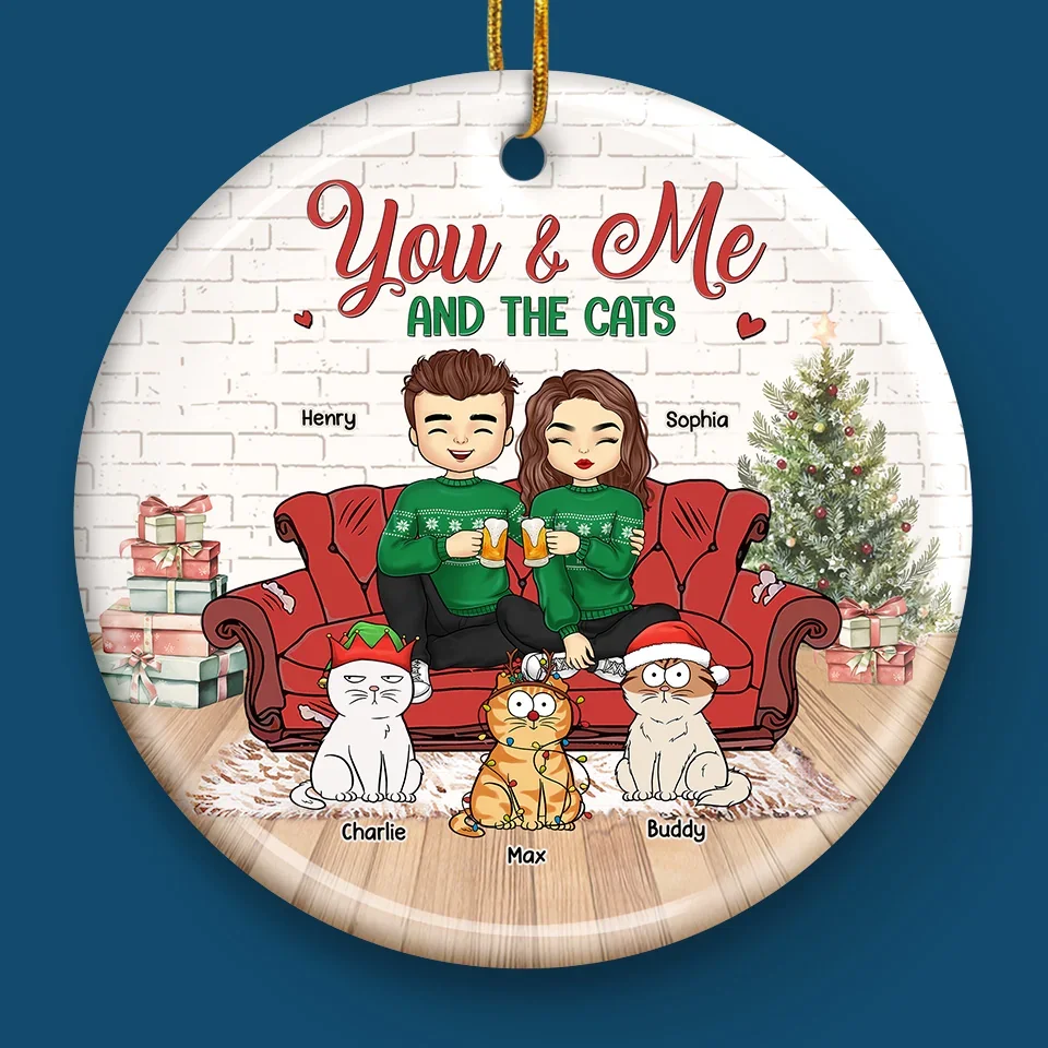 You And Me And The Fur Babies - Dog & Cat Personalized Custom Ornament - Ceramic Round Shaped - Christmas Gift For Husband Wife, Anniversary, Pet Owners, Pet Lovers - Image 4