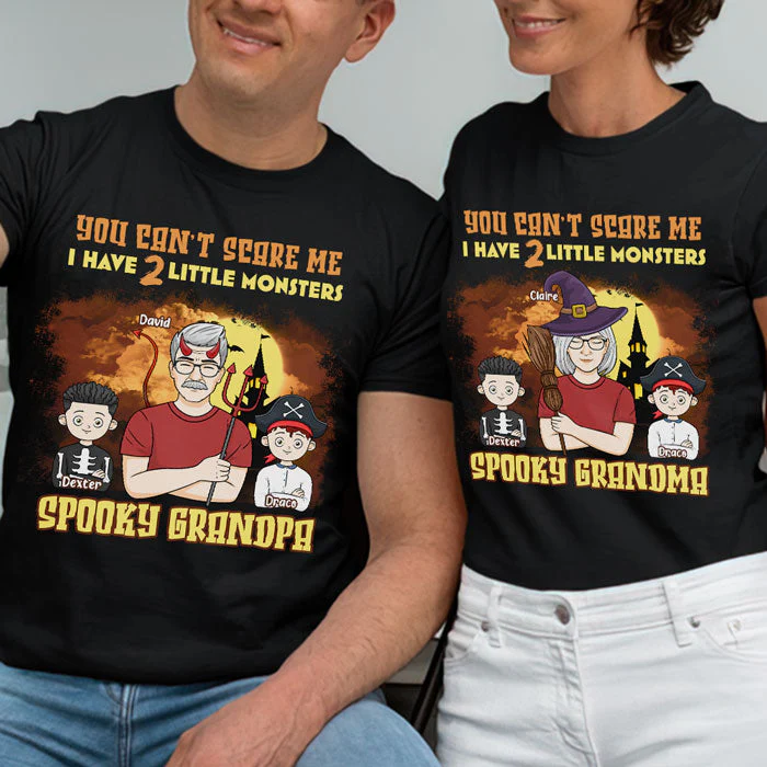 You Can't Scare Me I Have My Little Monsters - Personalized Matching Couple T-Shirt - Gift For Couple, Husband Wife, Grandparents, Halloween Gift