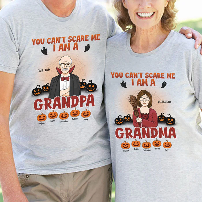 You Can't Scare Us, We're Grandpa & Grandma - Personalized Matching Couple T-Shirt - Gift For Couple, Husband Wife, Grandparents, Halloween Gift