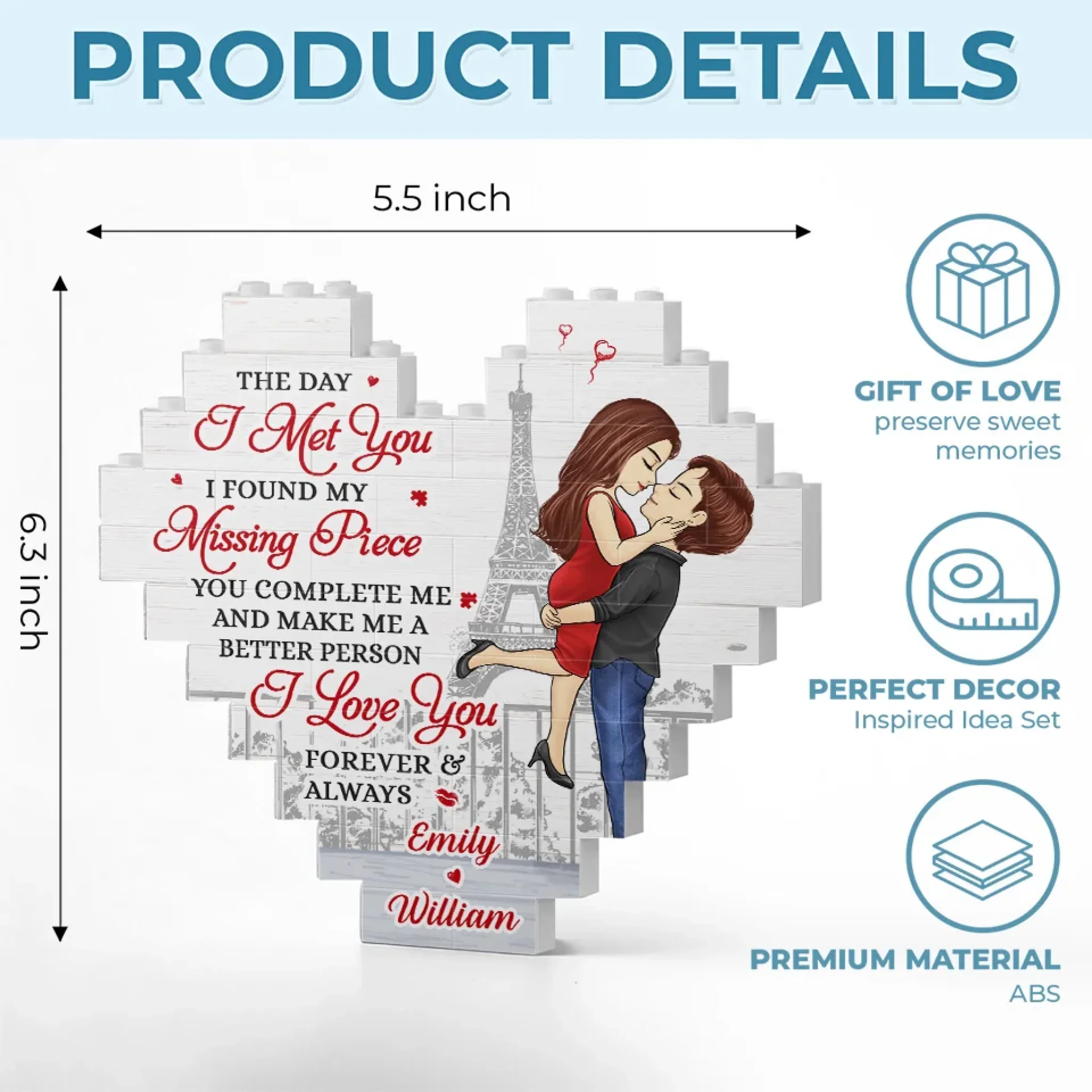 You Complete Me And Make Me A Better Person - Couple Personalized Custom Heart Shaped Building Brick Blocks - Gift For Husband Wife, Anniversary - Image 5