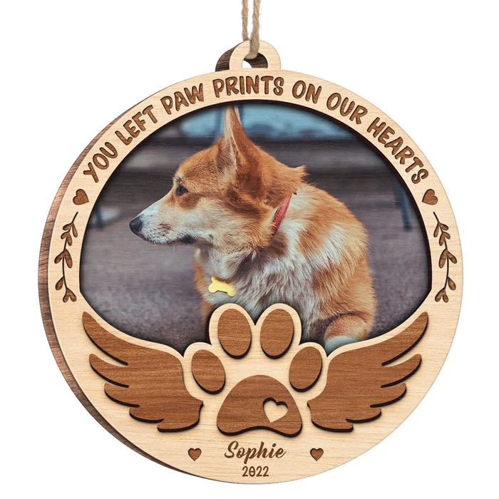 You Left Paw Prints On My Heart - Personalized Custom Snow Globe Shaped Wood Photo Christmas Ornament - Upload Image, Memorial Gift, Sympathy Gift, Christmas Gift - Image 3