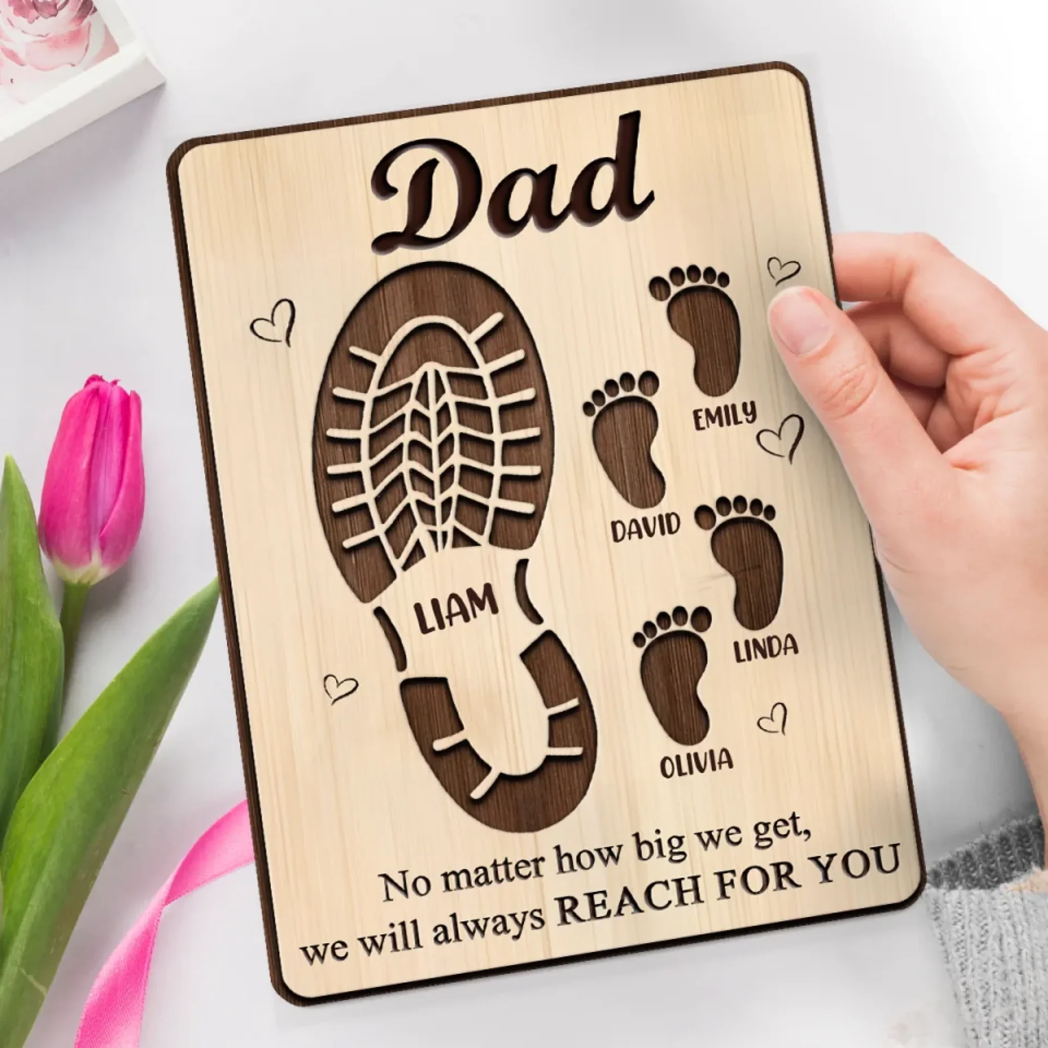 Your Footsteps Shaped Our Journey - Family Personalized Custom Shaped 2-Layered Wooden Plaque With Flat Stand - Father's Day, House Warming Gift For Dad, Grandpa - Image 4